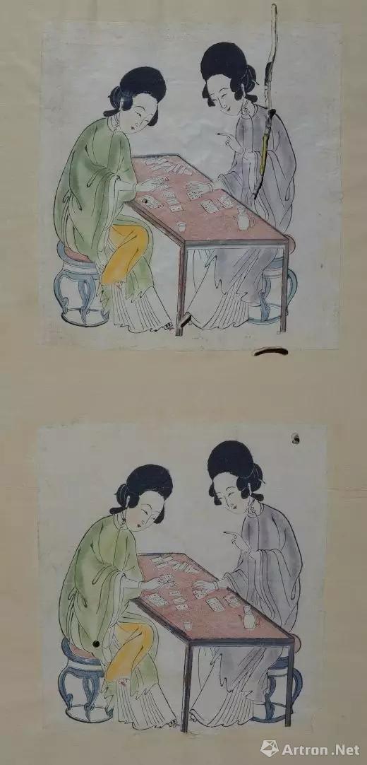 图8 -1《双美玩纸牌》,清雍正,套印加手绘,产地:苏州,德累斯顿国家艺术博物馆版画陈列室(Kupferstich - kabinett, SKD)藏。