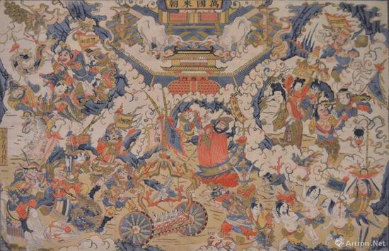图5 ,《万国来朝》,清康熙,六版套印,画店:王君甫发行,产地:苏州,大英博物馆(The British Museum)藏
